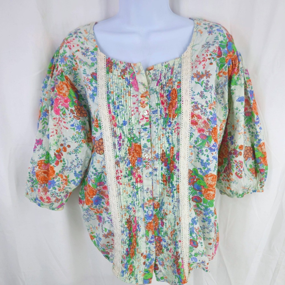 Art and Soul Floral Lace Pintuck 100% Cotton Blouse 3/4 Puff Sleeve Boho Top Med